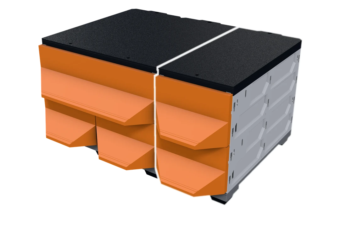 The 3W-2H kit: 5 drawers, one column wider, the added column outlined in white.