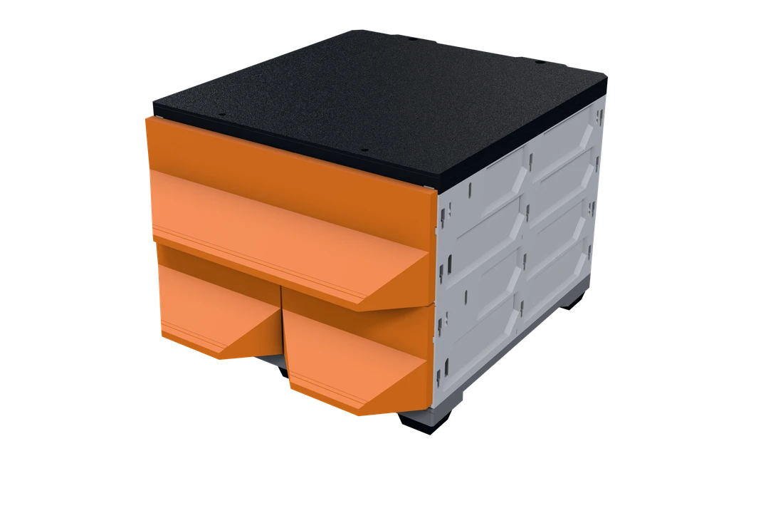 The 2W-2H starter kit: 3 drawers in a two-column case block on foot rails.