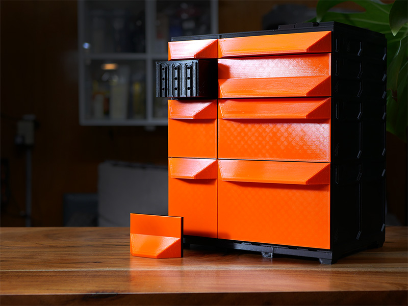 A tabletop build with orange Classic faceplates, the grip printed into each front