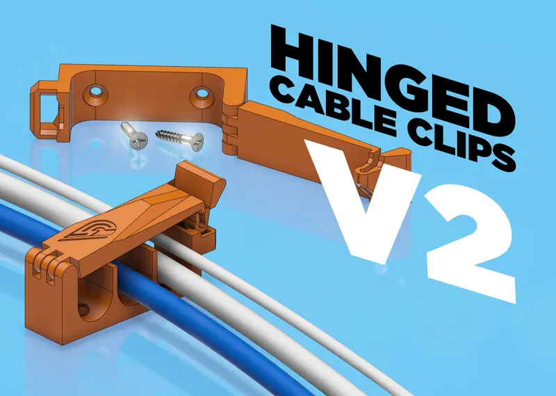 Render of hinged cable clips routing two cables, one clip open