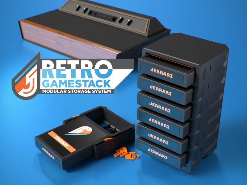 Render of the GameStack tower with Atari 2600 cartridges beside an Atari console