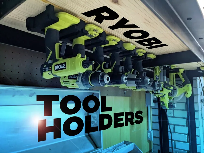 Ryobi ONE+ tools hanging in printed holders under a shelf