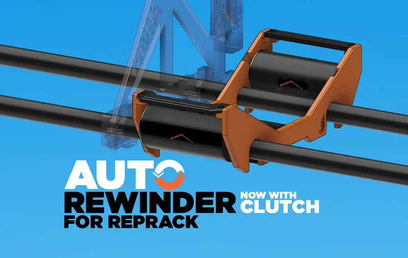 Render of the clutch-driven auto-rewinder mounted on RepRack rails