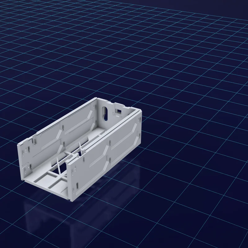 One printed case alone on a dark grid, an open box lying on its back.