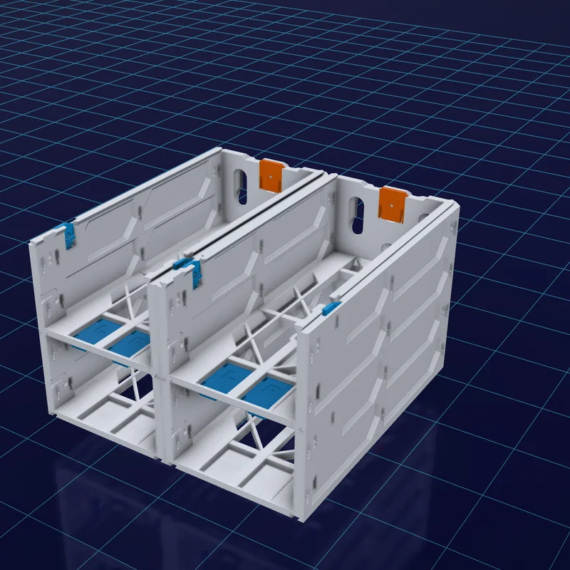 Four cases joined two wide and two high, orange QuickLocks seated in the side walls.