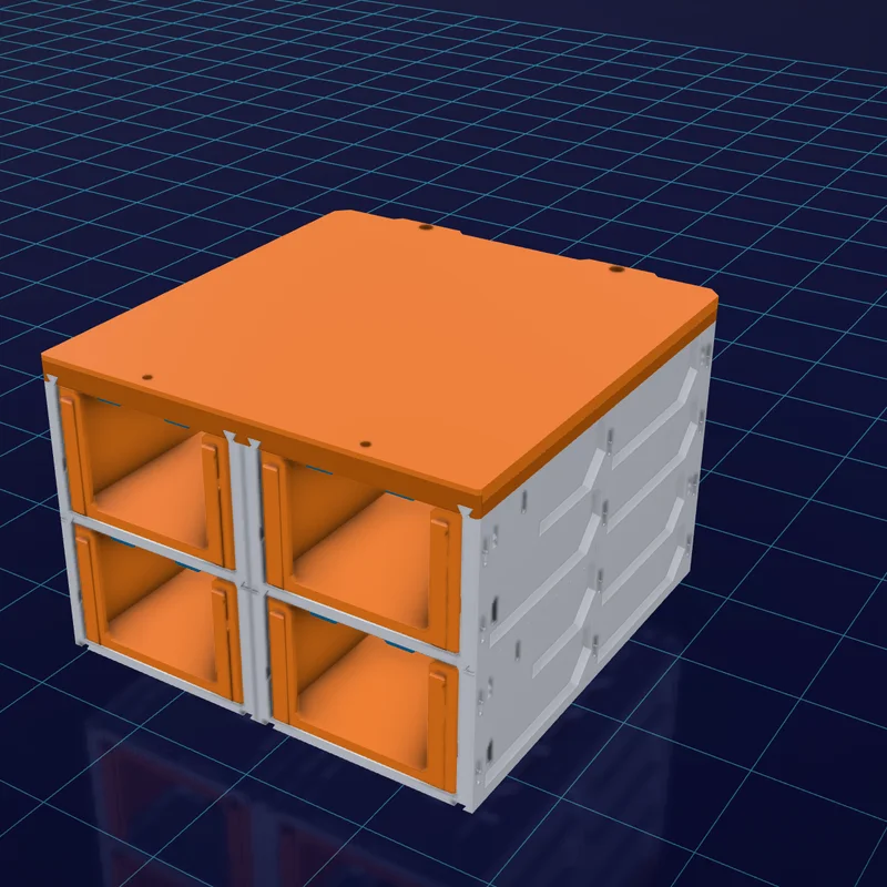 The same four cases with covers closed and four orange drawers seated in the bays.