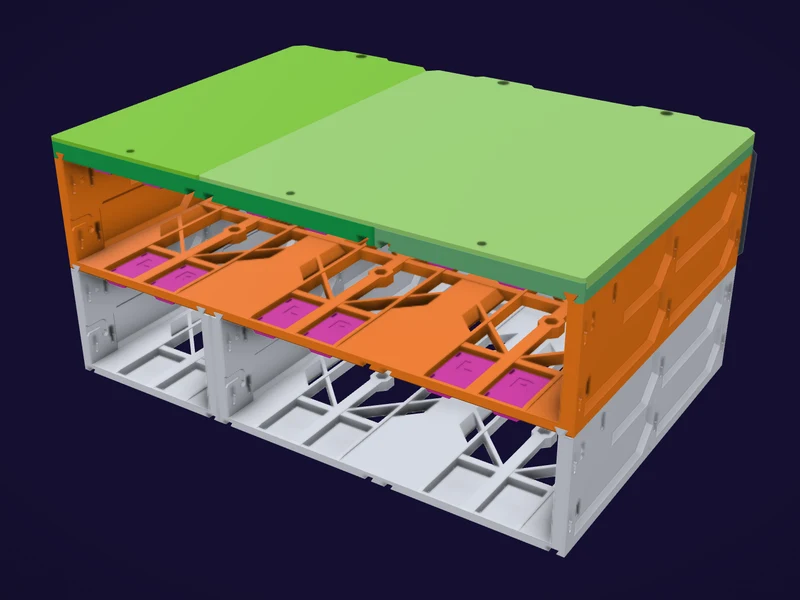 The same three cases arranged the other way: the wide 3W case, marked orange, on the mounted top row with the 1W and 2W cases hanging below it