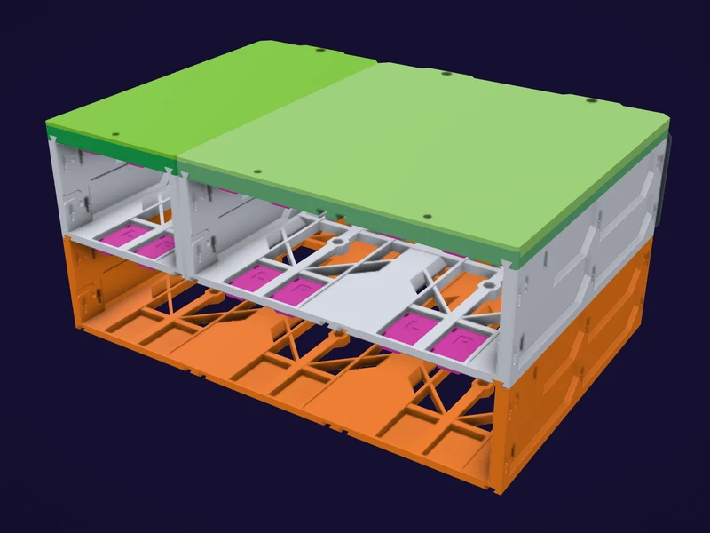 A wall build with a 1W and a 2W case on the top row and the wide 3W case, marked orange, hanging below them