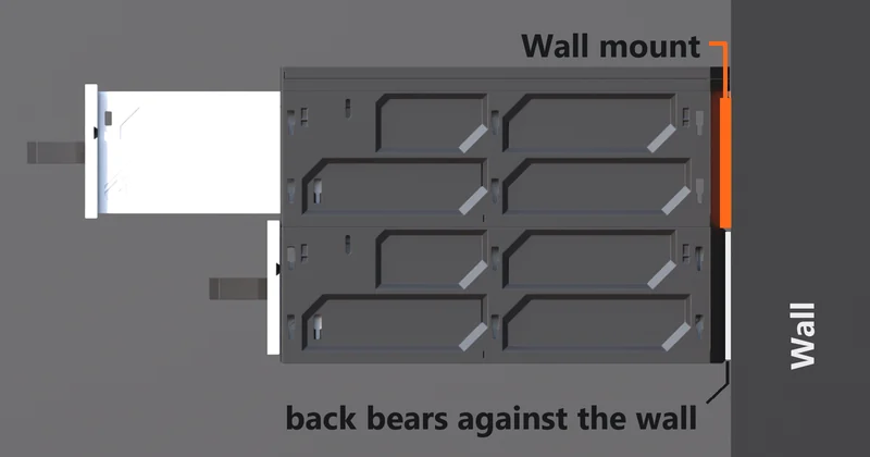 The same side view at the same scale, with a second black case connected beneath the first, its drawer closed. A pale line marks where the lower case meets the wall, labeled back bears against the wall