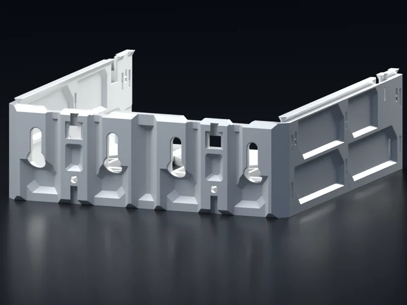 The back of a white 2W-1H case: four keyhole-shaped peg slots run across its back wall