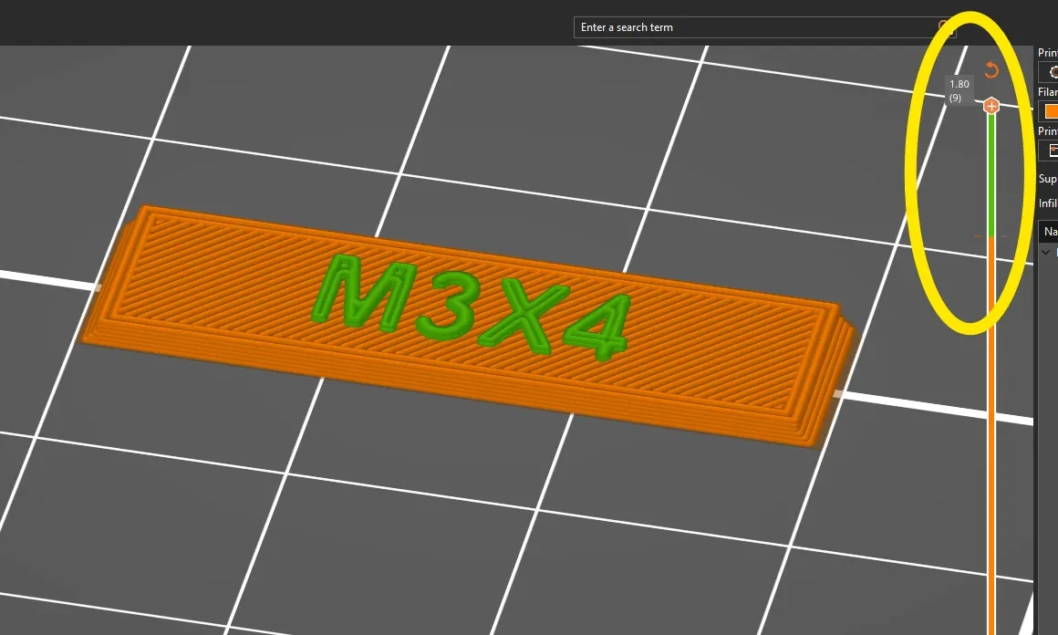 A sliced orange label with green raised text reading M3X4; the layer slider on the right is circled, its upper section green from the layer where the color change was added