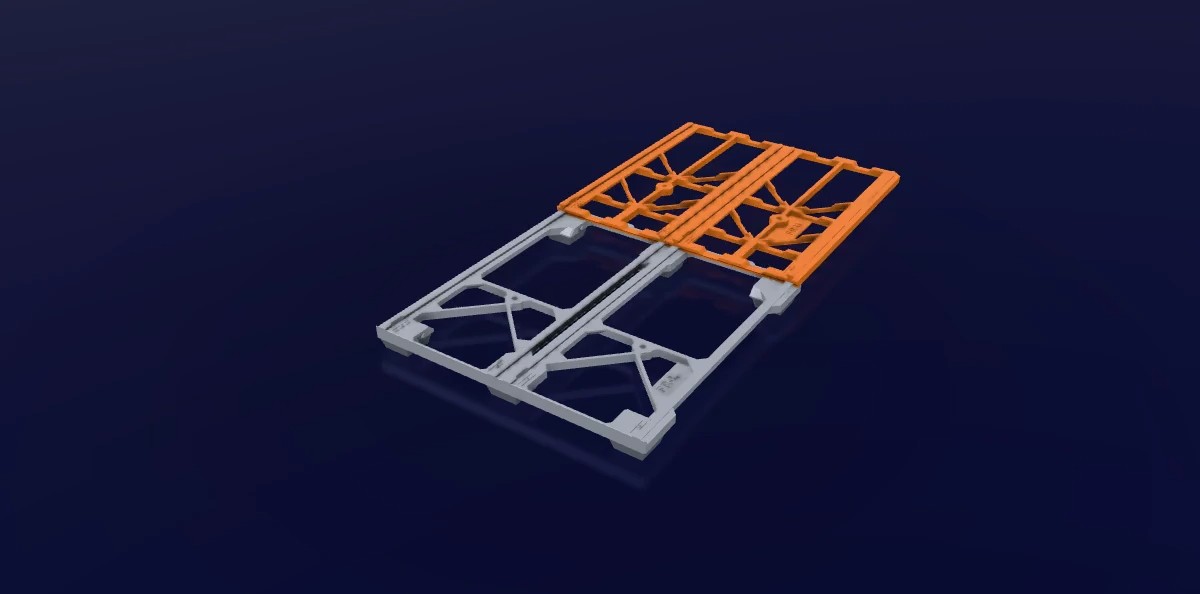 Animation: the assembled base sets down and the upper foot rail slides over the lower