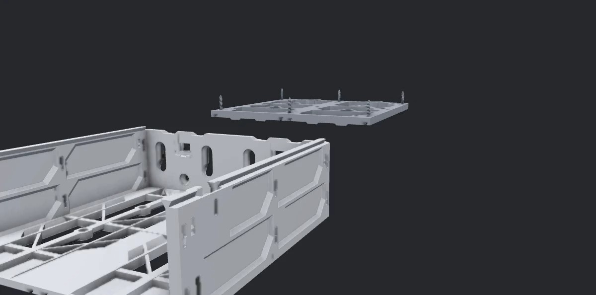 Animation: QuickLocks drop into the side channels and the case slides back into the under-table rails until they click