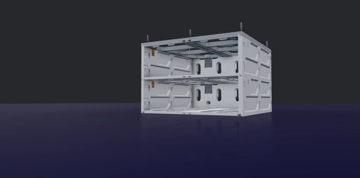 Animation: close on the slot in the case flank as the QuickLock tab presses down, then the case slides out of the rails and the tab springs back up