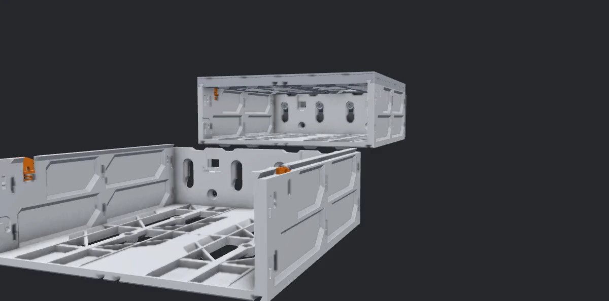 Animation: the lower case slides in from the front and its QuickLocks click into the case above