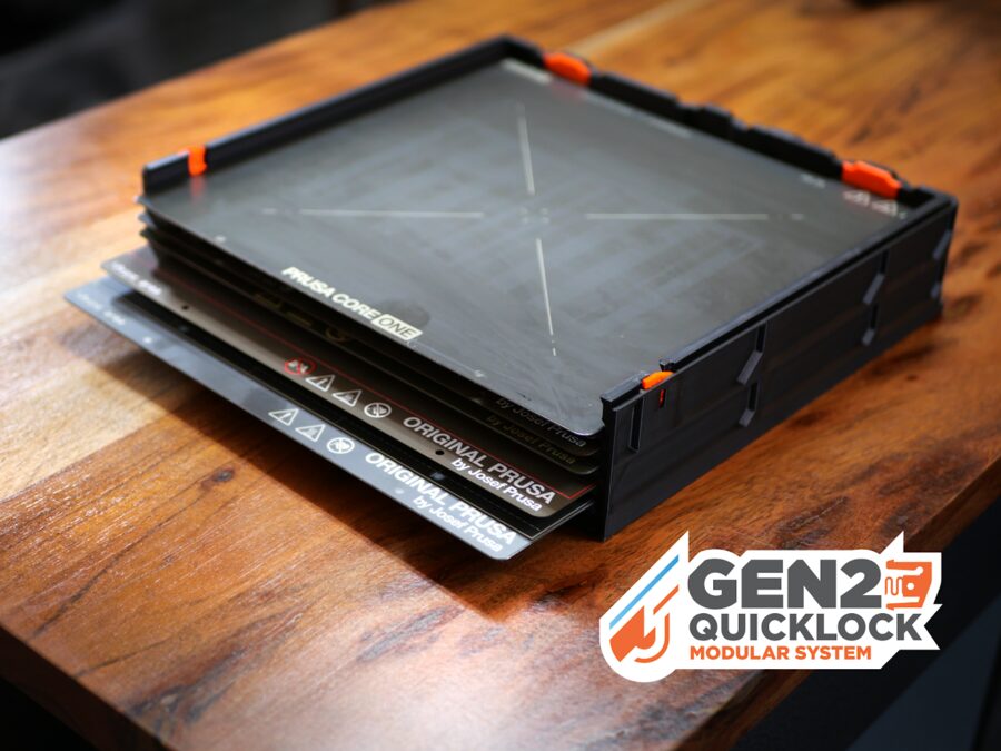 Prusa build plates stacked flat in the PlateStack case