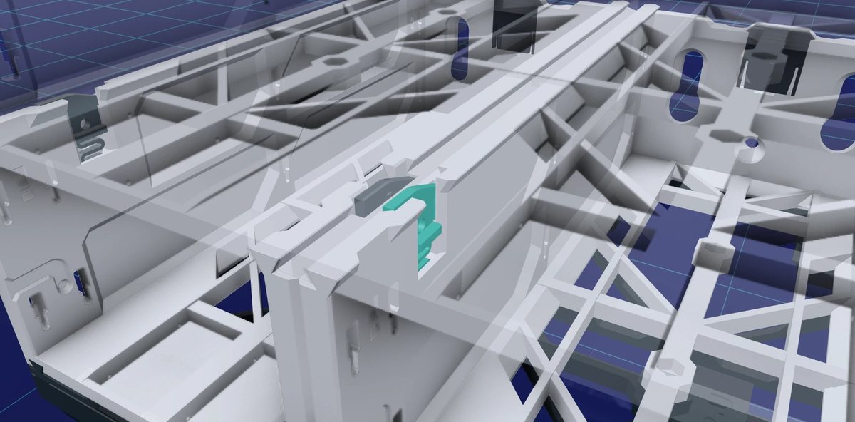 Animation: a QuickLock drops into the top of a lower case's side wall. The case above slides on from behind, shown in x-ray as it presses the tab 3 mm down, and at full seat the spring snaps the tab up into its keyhole.