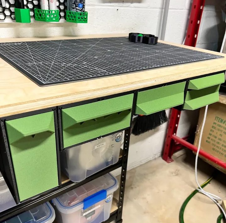 Workbench cart with green drawers by Michael Bukosky